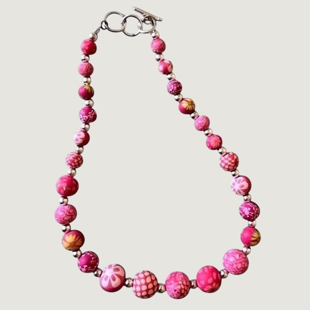 Handmade Pink Polymer Clay Bead Statement Necklace Floral Millefiori Jewelry